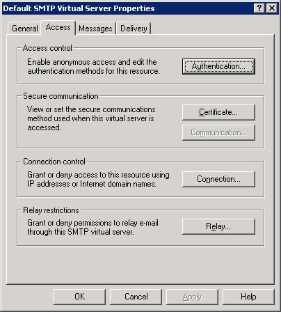 Default SMTP Virtual Server Properties